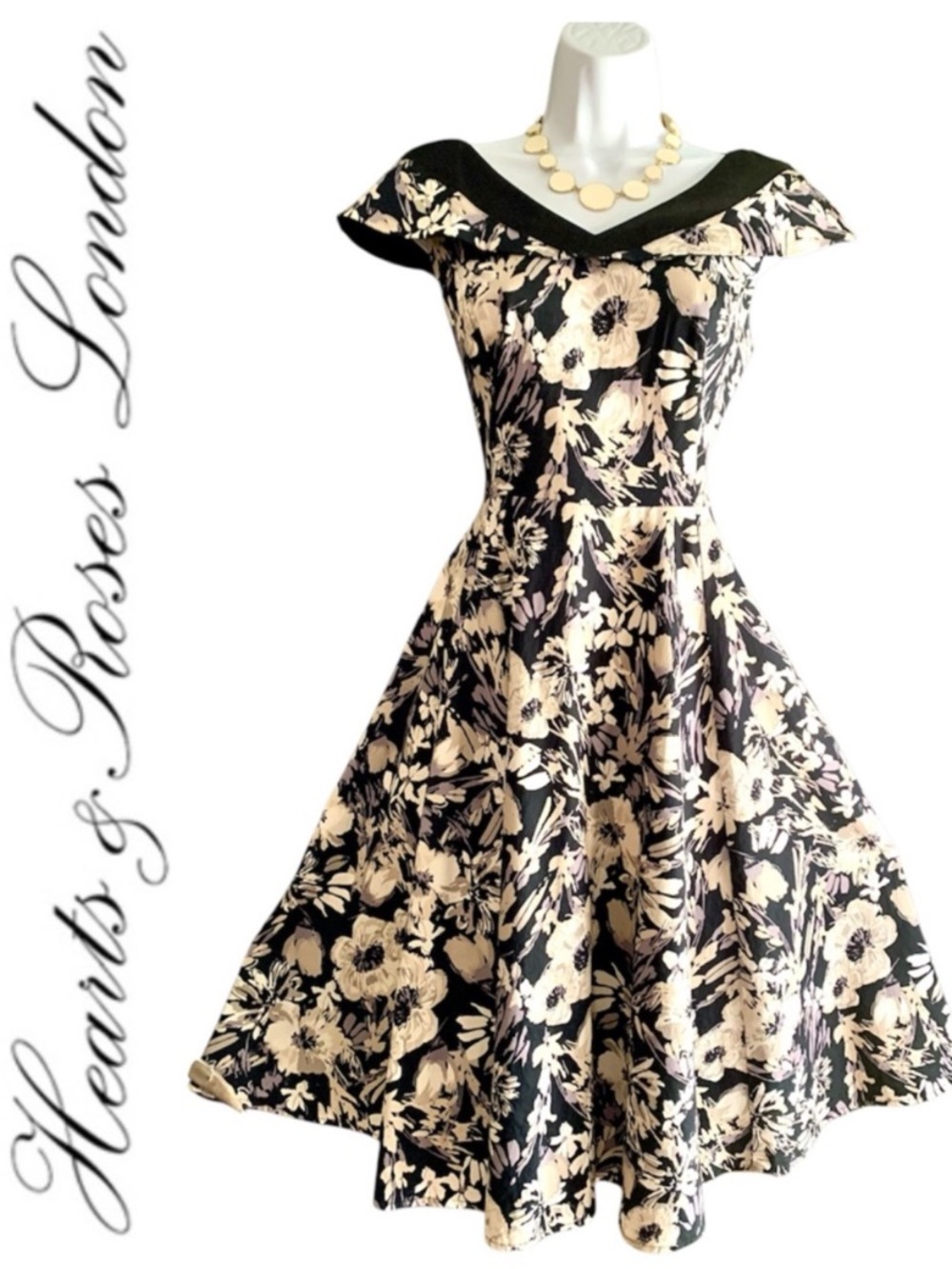 H&R London's Fantasy Floral off Shoulder Black and Cream Fit-and-Flare Dress- 12